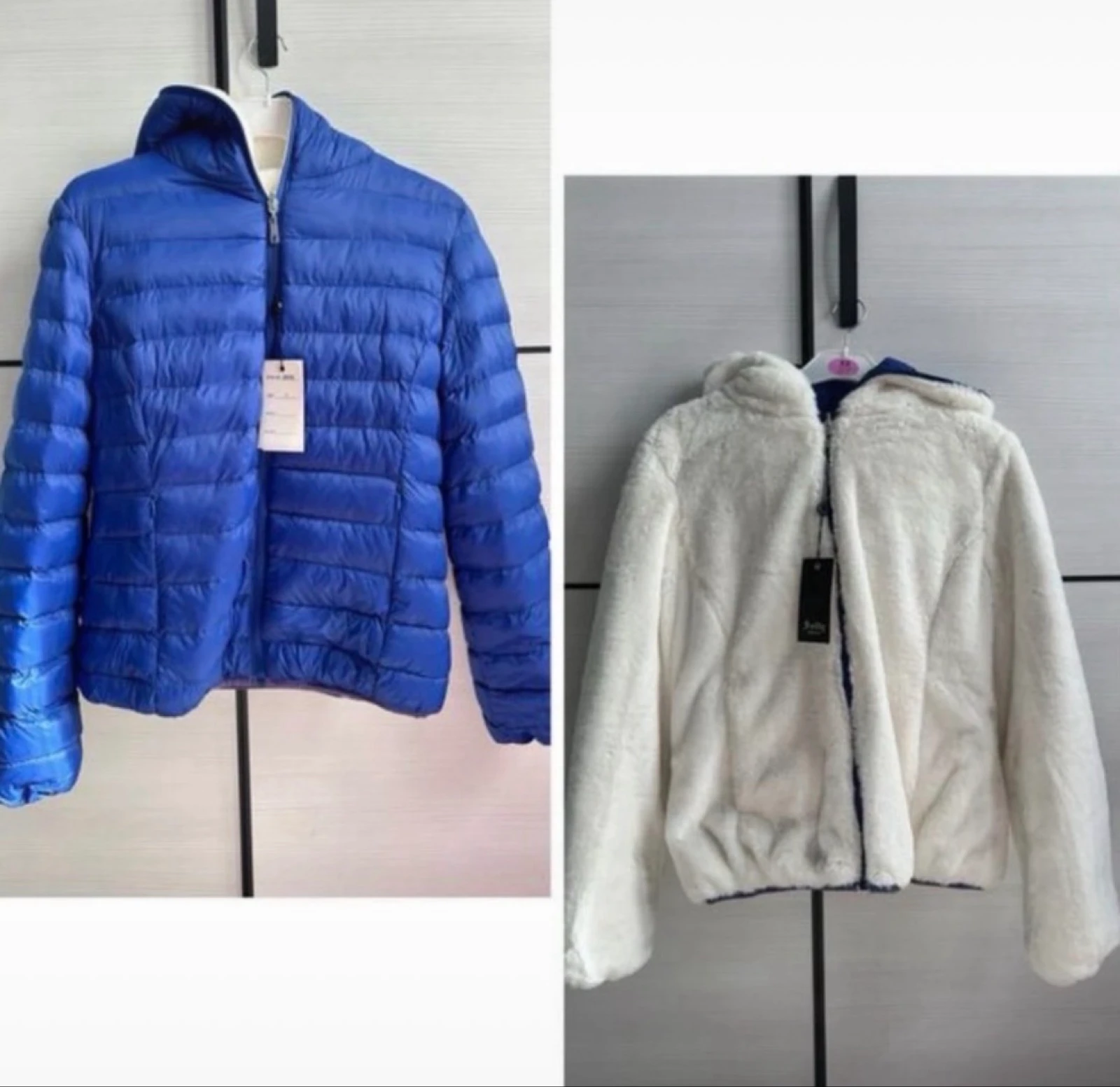 Chaqueta plumífero reversible azul y pelo blanco L